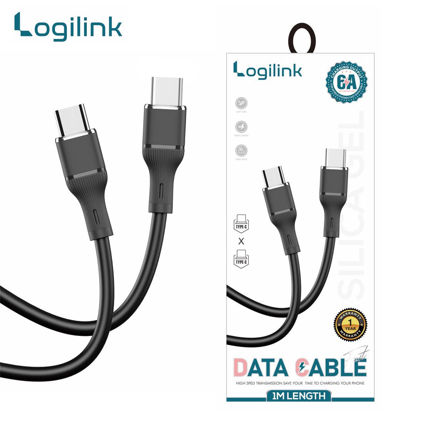 LOGILINK Type-C to Type-C Silicone Fast Charging Data Cable (1M, Black)