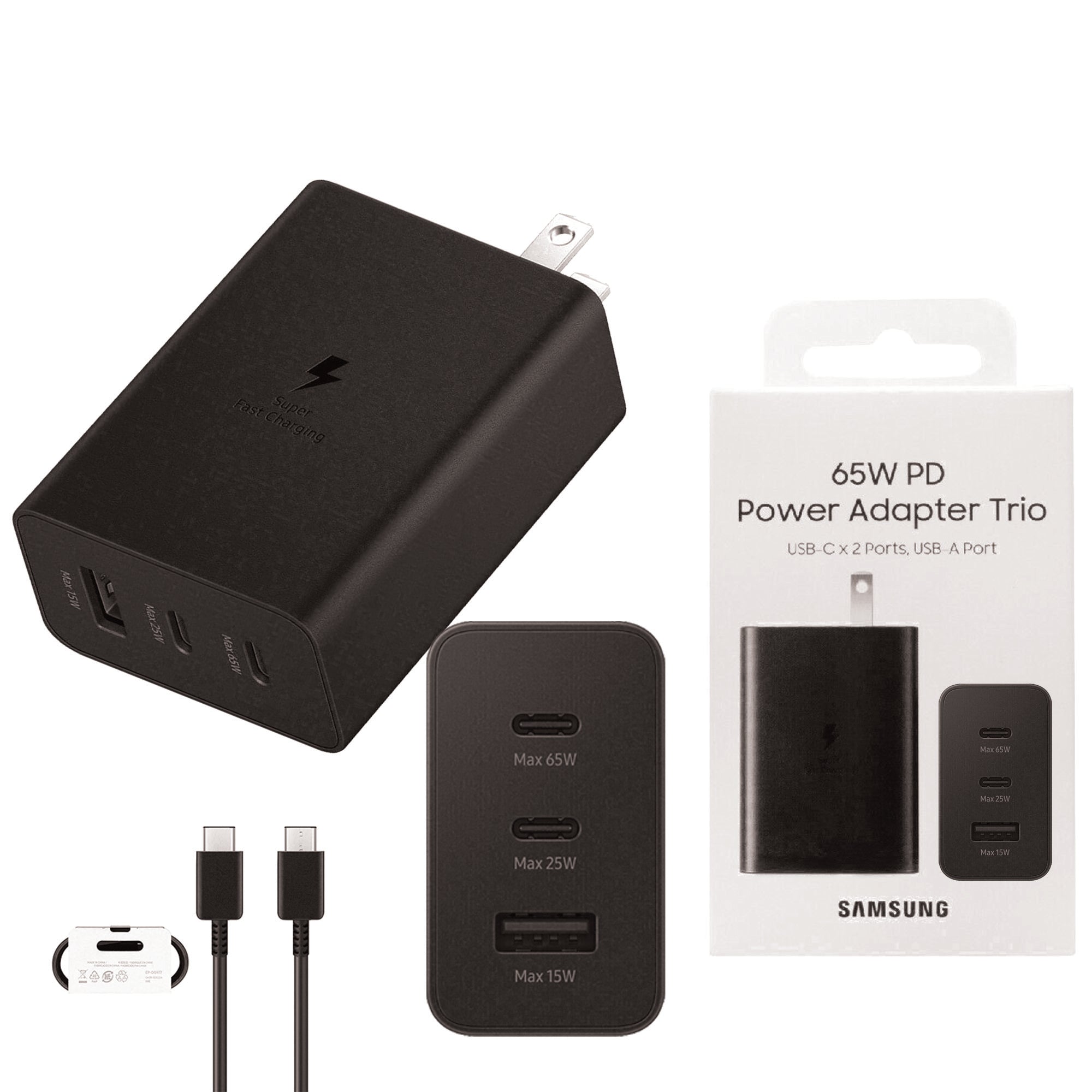 Samsung 65W PD Power Adapter Trio – US Pin (2x USB-C, 1x USB-A)