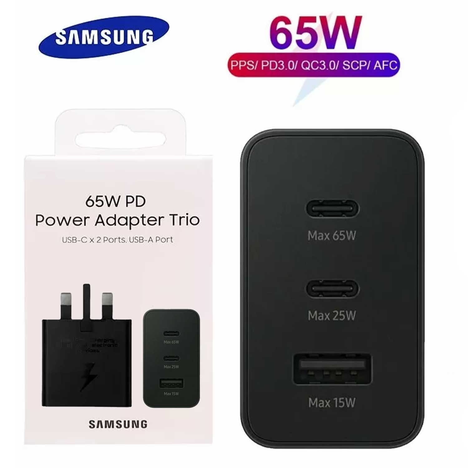 Samsung 65W Power Adapter Trio – UK Pin | PD 3.0 | USB-C x2 + USB-A