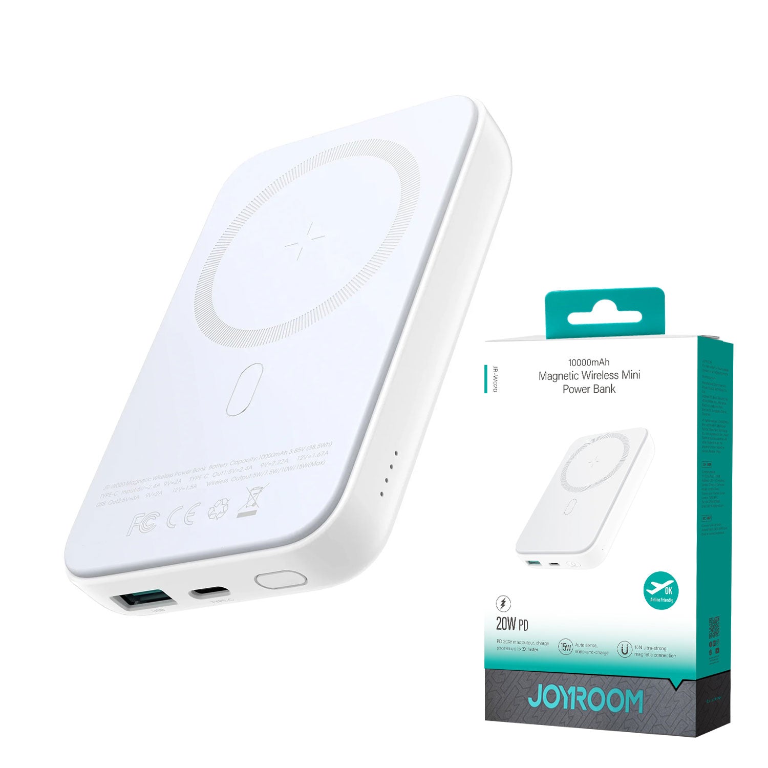 OYROOM JR-W020 10000mAh 20W Wireless Power Bank – White | Magnetic Fast Charging, Compact & Travel-Ready